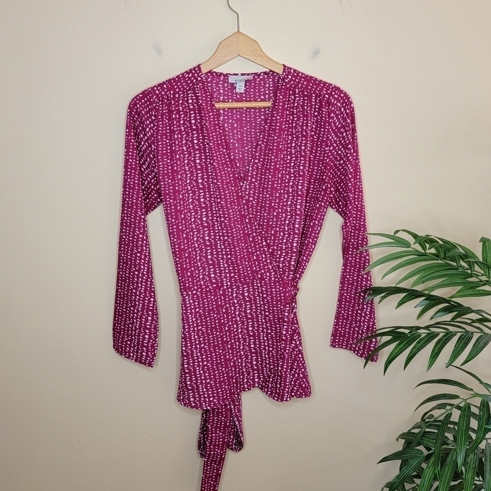 Evereve Allison Joy Dark Pink & White Dot Print Wrap Blouse Size XS